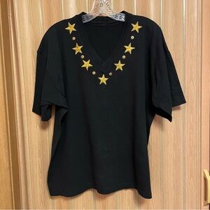 Black V-Neck T-Shirt with Gold Star Accents